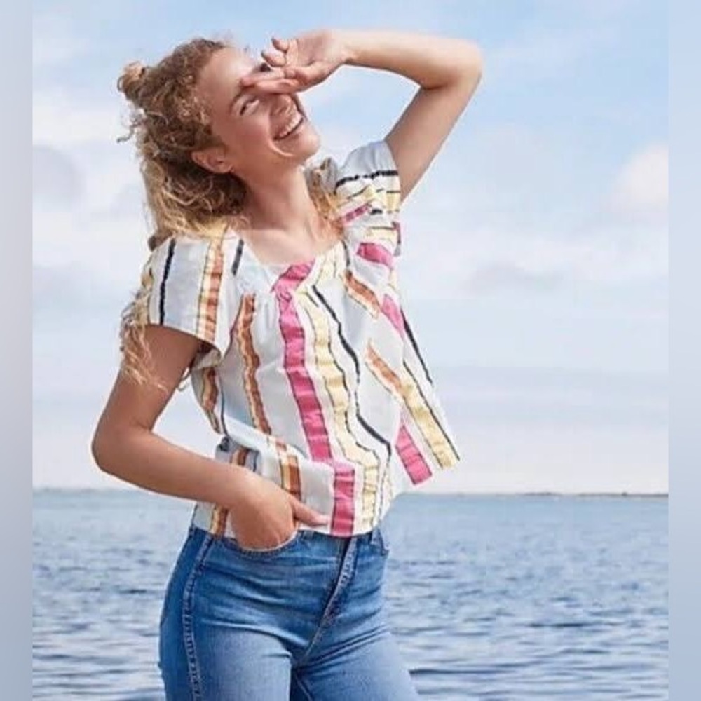 J. Crew Square-Neck Seersucker Ribbon Top Pastel